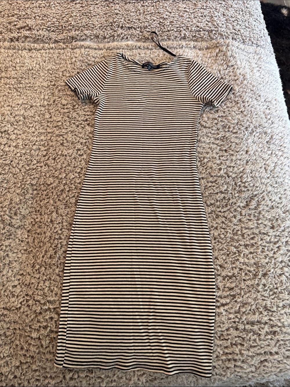 Classic Black & White Striped Midi Dress - Short Sleeve